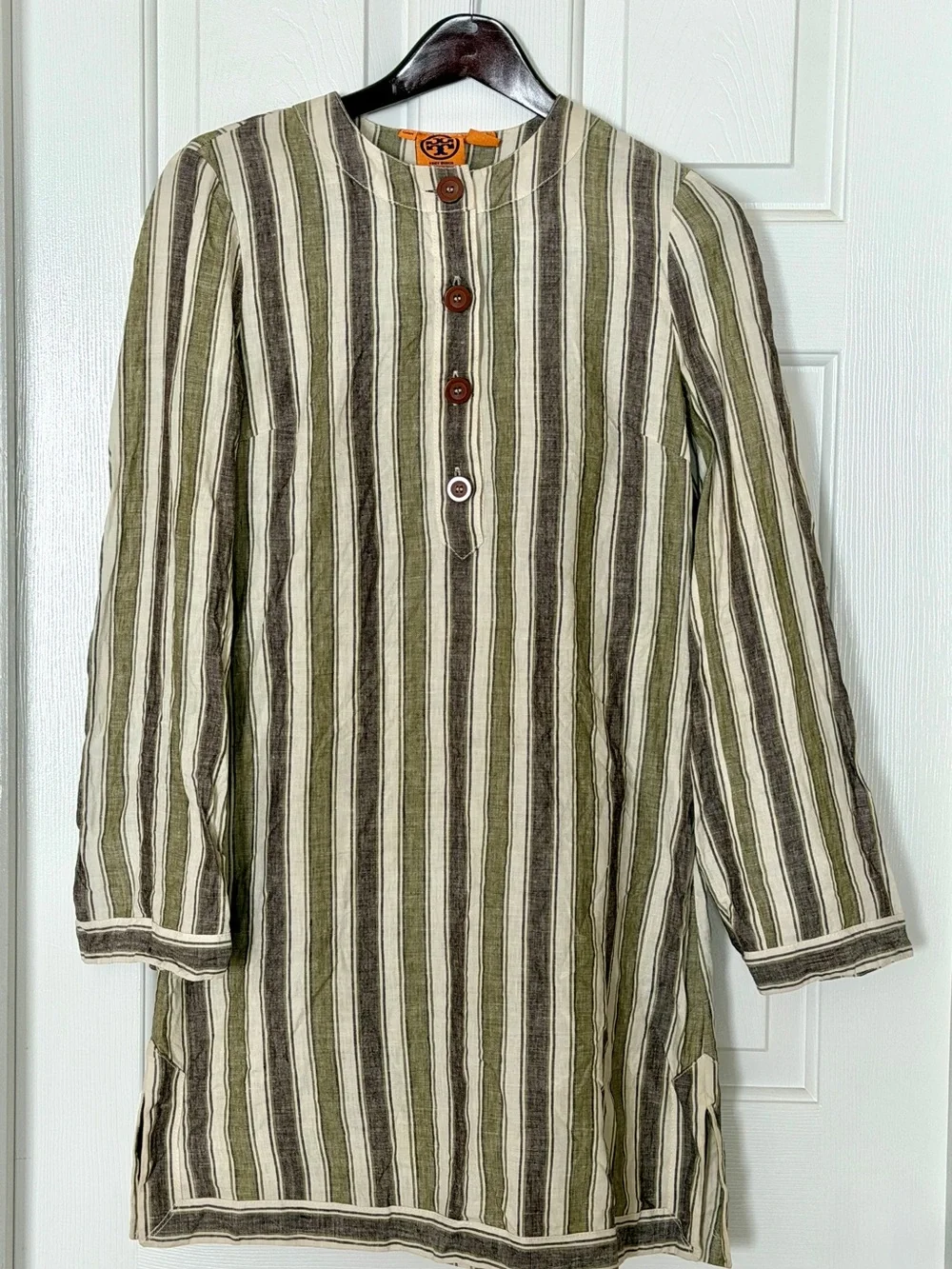 Tory Burch Linen Striped Tunic Dress Size 6 Olive Boho Pockets